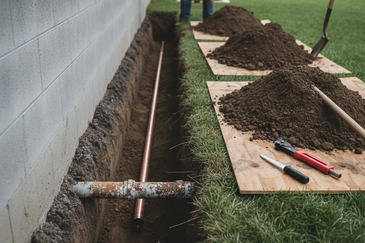 Excavated water line trench during Sewer Line Repair in Wexford